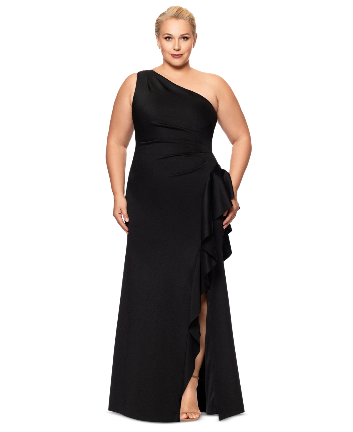 Xscape Plus Size Cascading One-shoulder Gown In Black