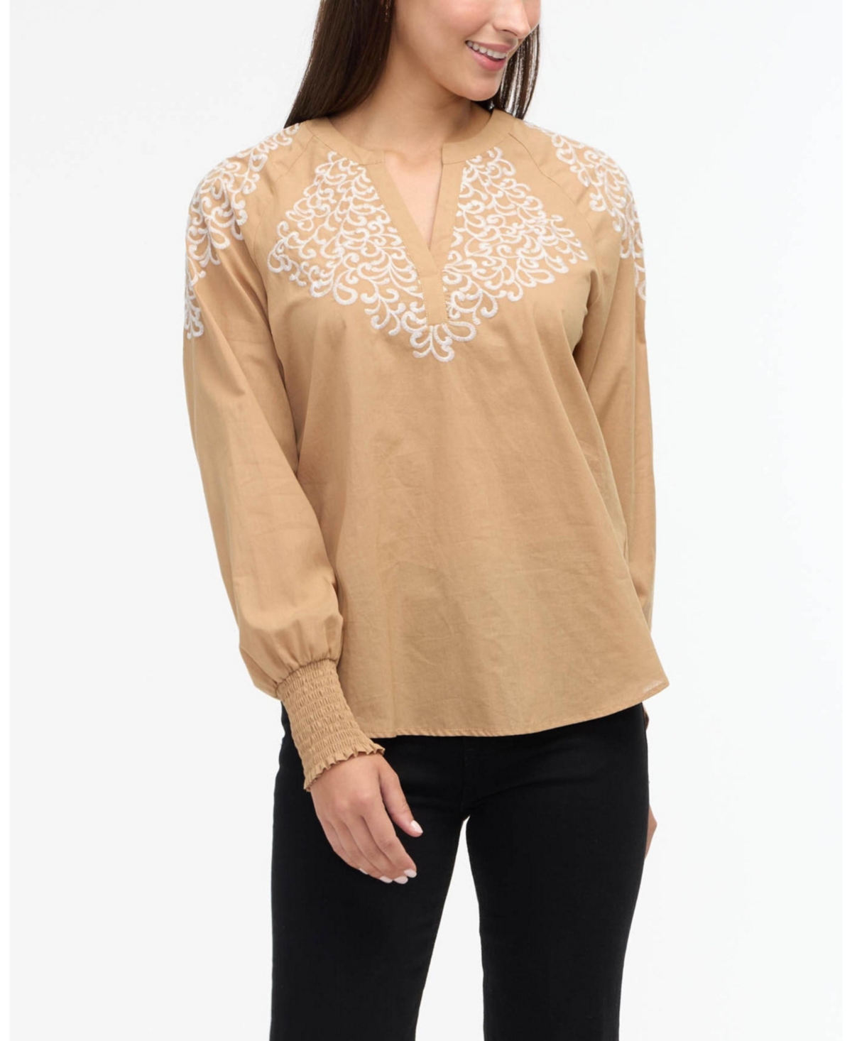 Women s Voile Popover with Embroidered Detail - Camel