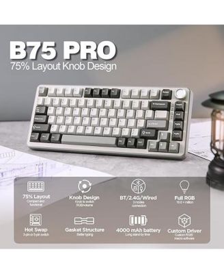 B75 PRO Wireless Mechanical Keyboard,75% Gaming Keyboard Gasket Hot Swap Custom Keyboard with Knob,Pre-lubed Switches RGB,Bluetooth/Type-C/2.4G Creamy Keyboard Blue Grey Switch