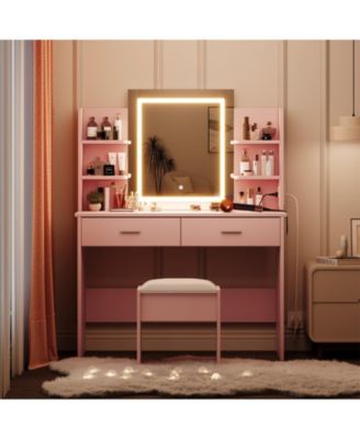 Vanity Desk with Mirror and Lights, Makeup Vanity Set w/Desk and Stool
