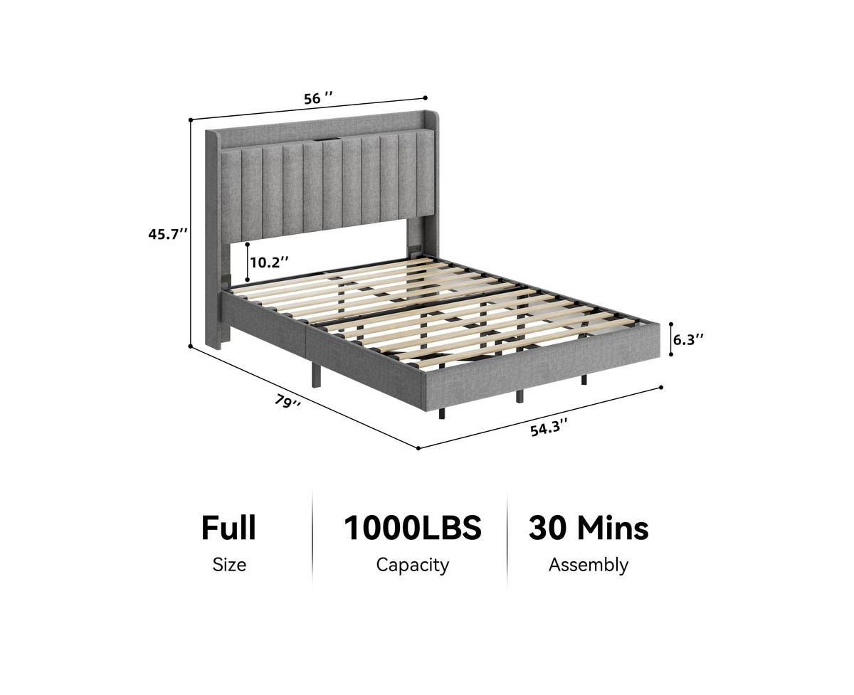 gaomon Full Size Floating Bed Frame with Led Lights, Upholstered Platform Full Bed Frame with Charging Station & Storage Headboard