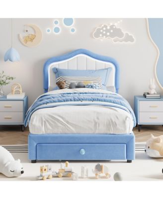 Twin-XL Upholstered Bed Frame with Storage Drawers, Cute Girls & Boys Bed with Adjustable Headboard