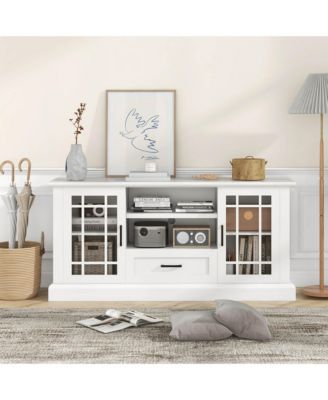 1 PC Wood Farmhouse TV Stand for TVs up to 70'' Media Center w/Glass Doors Cubbies & Drawer