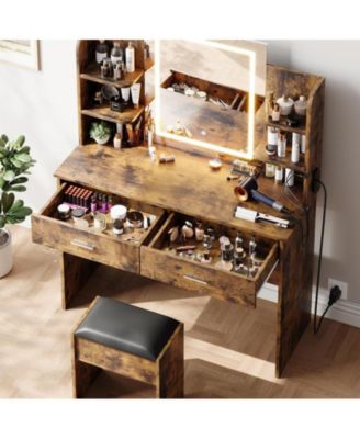Vanity Desk with Mirror and Lights, Makeup Vanity Set w/Desk and Stool, Power Outlet, Vanity Table w/6 Storage Shelves, 2 Large Drawers and 3 Color Adjustable Brightness