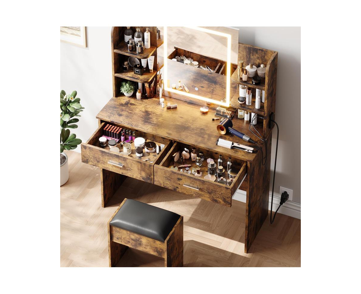 gaomon Vanity Desk with Mirror and Lights, Makeup Vanity Set w/Desk and Stool, Power Outlet, Vanity Table w/6 Storage Shelves