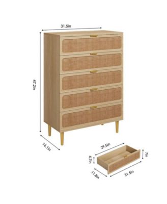 Rattan 5 Drawer Dresser for Bedroom, Tall Dresser with Deep Drawers, Large Chest of Drawers for Closet with Wide Top, Long Wooden Dresser for Living Room, Hallway, Kids Room, Natural