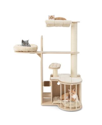 55'' Tall Cat Tree Tower Multi-Layer Wooden Activity Center w/ Rest Condo & Hammock