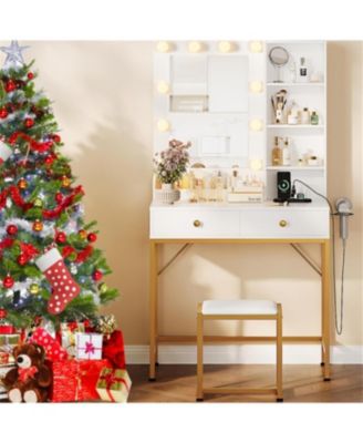 Vanity Desk with Mirror and Lights, Makeup Vanity with 2 Large Drawers and 3 Open Shelves, 3 Lighting Modes Brightness Adjustable, Bedroom