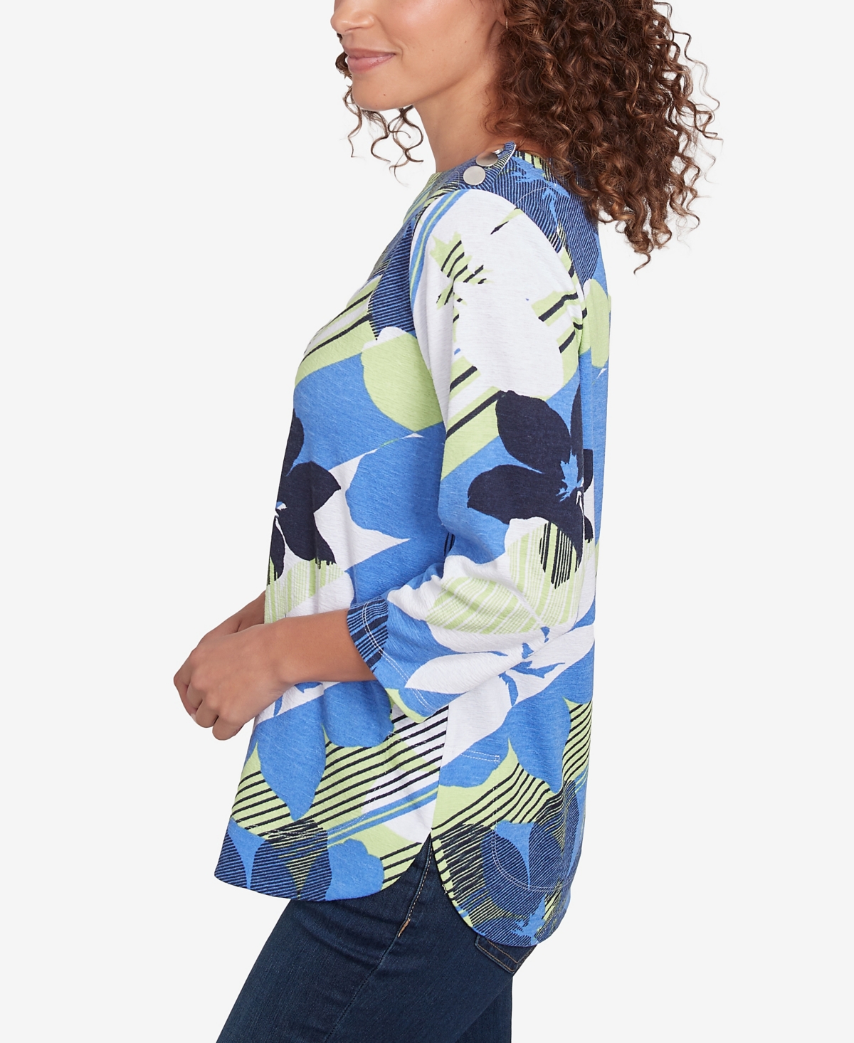 Ruby Rd. Petite Diagonal Striped Floral Three Quarter Sleeve Top In Azure Multi