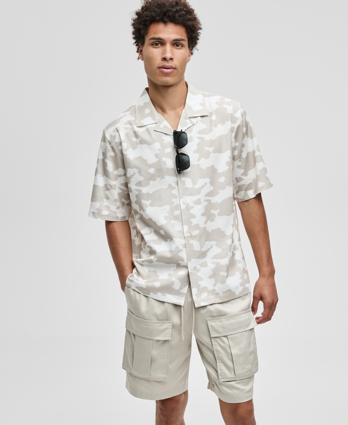 Men's Glass Regular-Fit Camouflage Button-Down Camp Shirt, Macy's Exclusive - Dark Ecru