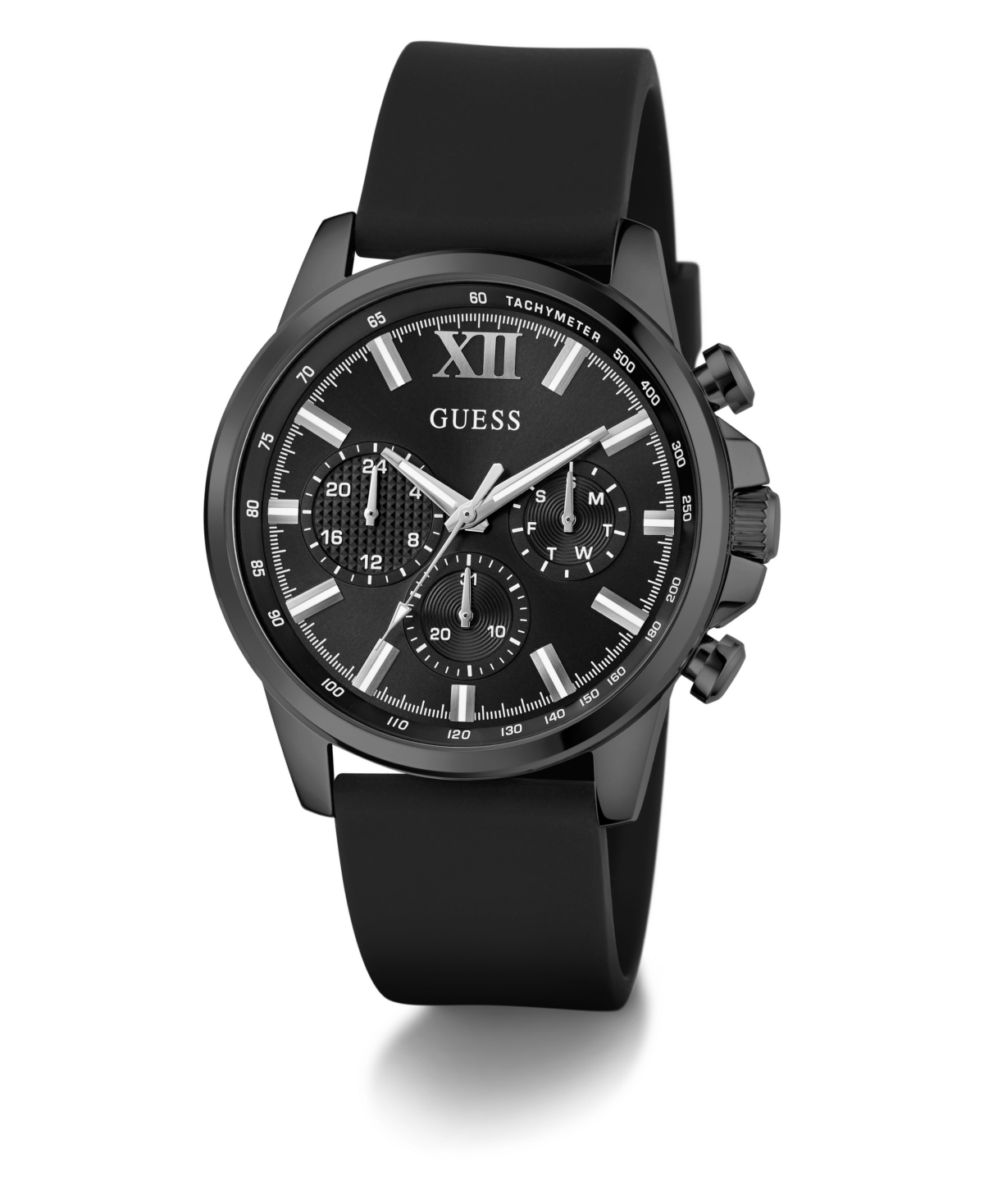 Guess Men's Multi-function Black Silicone Watch, 44mm In Black
