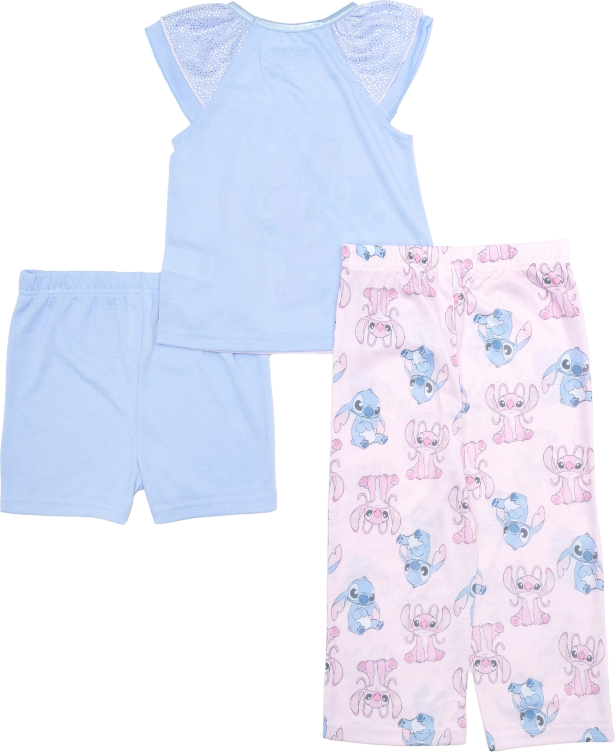 Lilo Stitch Toddler Girls Short Frill Sleeve Tank, Shorts, And Open Leg Pant, 3-piece Pajama Set In Assorted