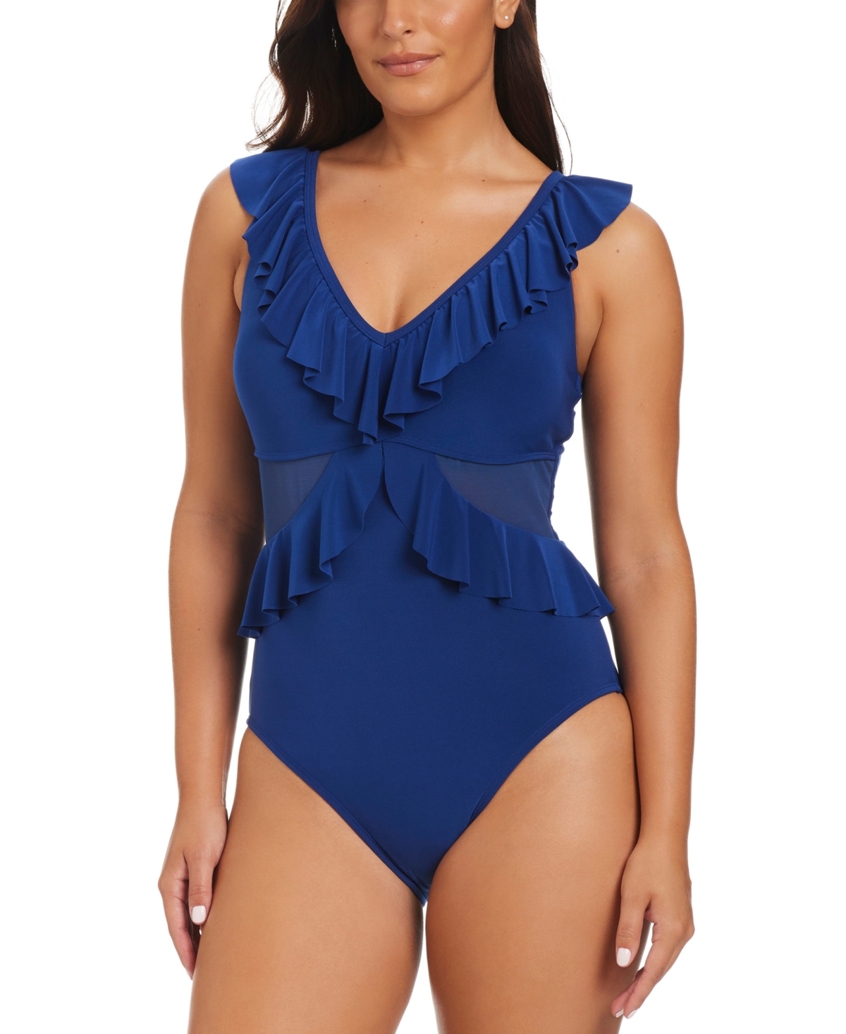 Women's Solid Essentials Mesh Cut-Out One-Piece Swimsuit - Deep Sea