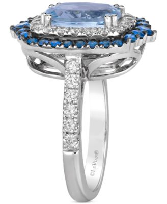 Sea Blue Aquamarine (2-1/2 ct. t.w.), Sapphire (5/8 ct. t.w.), Vanilla Diamond (5/8 ct. t.w.) & Chocolate Diamond Accent Double Halo Ring in Platinum 