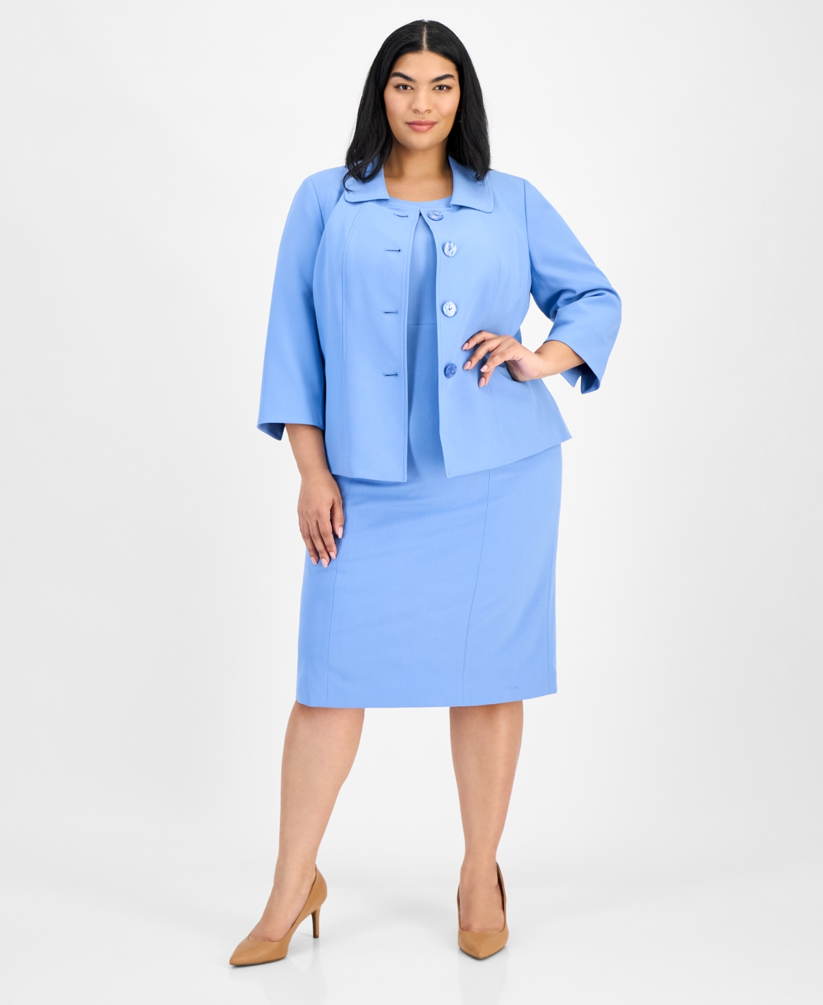 Plus Size Button-Front Boxy Jacket & Sheath Dress - Pale Blue