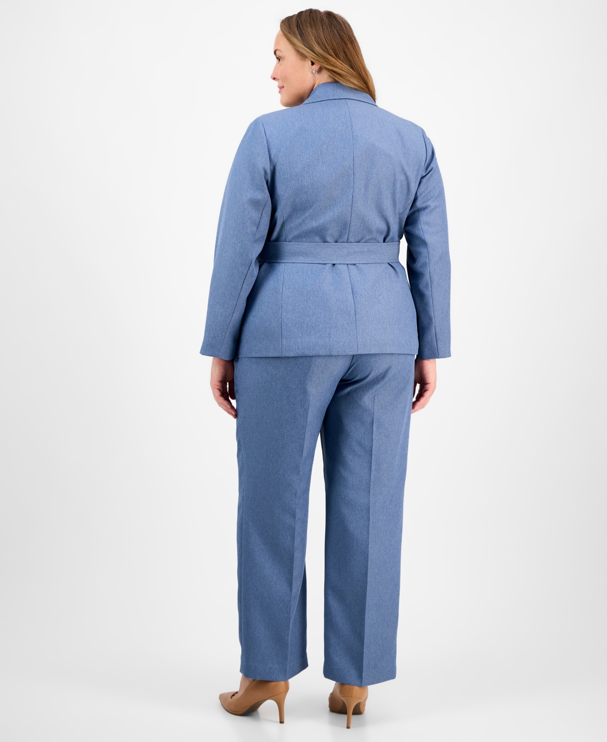 Le Suit Plus Size Two-button Belted Safari Jacket & Mid-rise Straight-leg Pants In Lt. Blue Multi