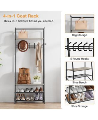 Coat Rack Shoe Bench with 5 Hooks, Hall Trees Entryway Bench with Storage, Multifunctional Hallway Organizer, Wood Look Accent Furniture with Metal Frame for Entryway, Living Room, Bedroom