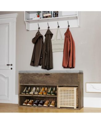 Shoe Storage Bench with Cushion, Entryway Bench with Lift-Top Storage Box and 2 Tiers Open Shoe Rack, Wooden Shoe Bench for Entryway, Bedroom
