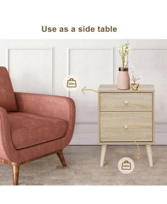Set of 2 Wood 2-Drawer Beside End Side Table w/Rubber Legs Oak Finish Nightstand