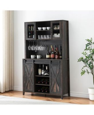 70" Tall Farmhouse Coffee Bar Cabinet, Sliding Barn Doors Wine Bar Cabinet with Storage Shelves, Hutch Cabinet with 6 Bottle Wine Rack and 12 Stemware Slots for Kitchen