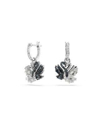 Swan Black, Rhodium Plated Drop Earrings