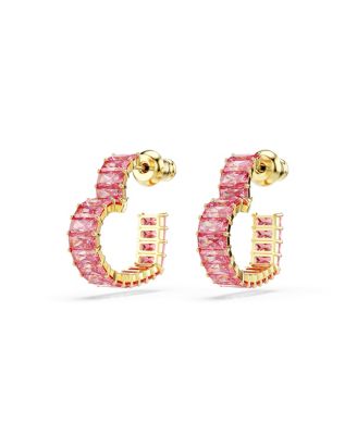 Matrix Gold-Tone Plated, Baguette Cut, Heart, Small, Pink, Hoop Earrings