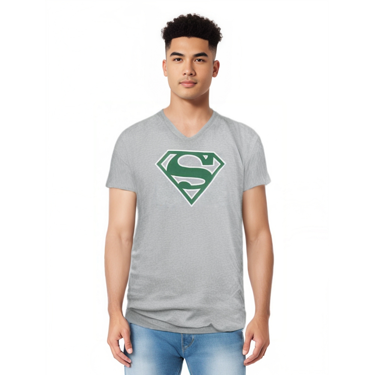 Mens Green & White Shield Short Sleeve Adult V Neck Tee / T-Shirt - Medium grey