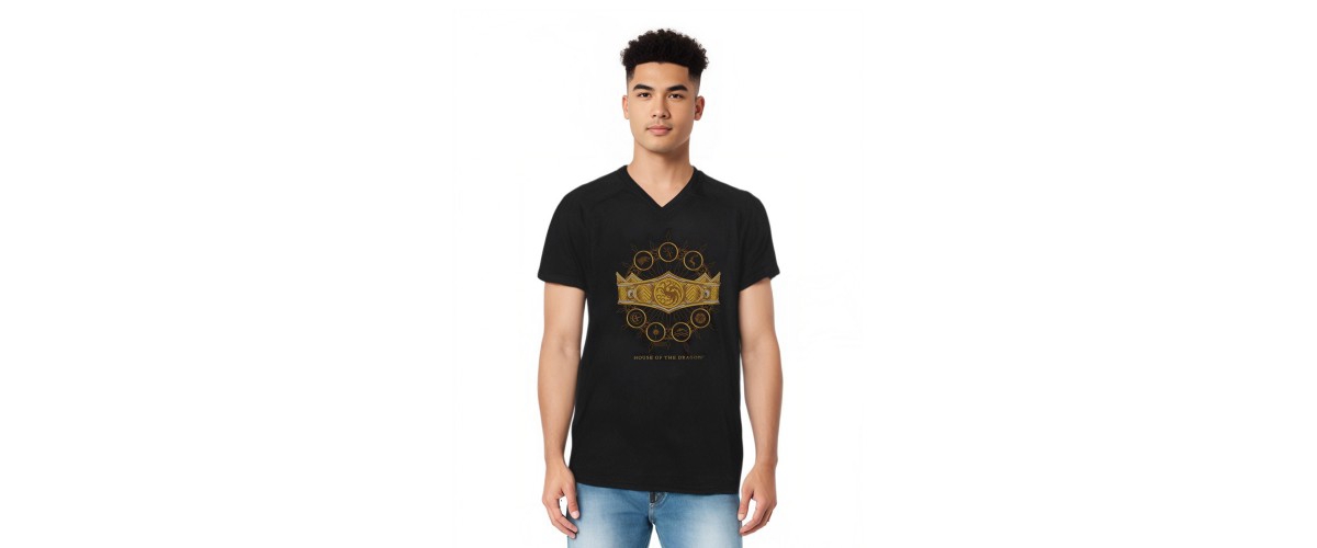 Mens Crown Short Sleeve Adult V Neck Premium Cotton Tee / T-Shirt - Black