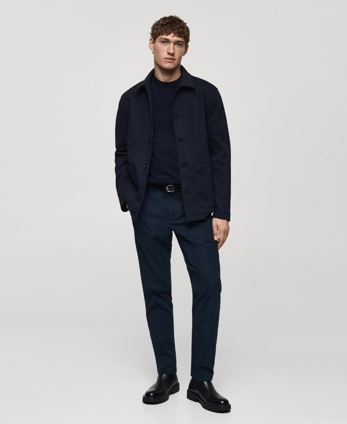 Mango Regular Fit Navy Flat Front Textured Stretch Cotton Pants In Indigo Blue