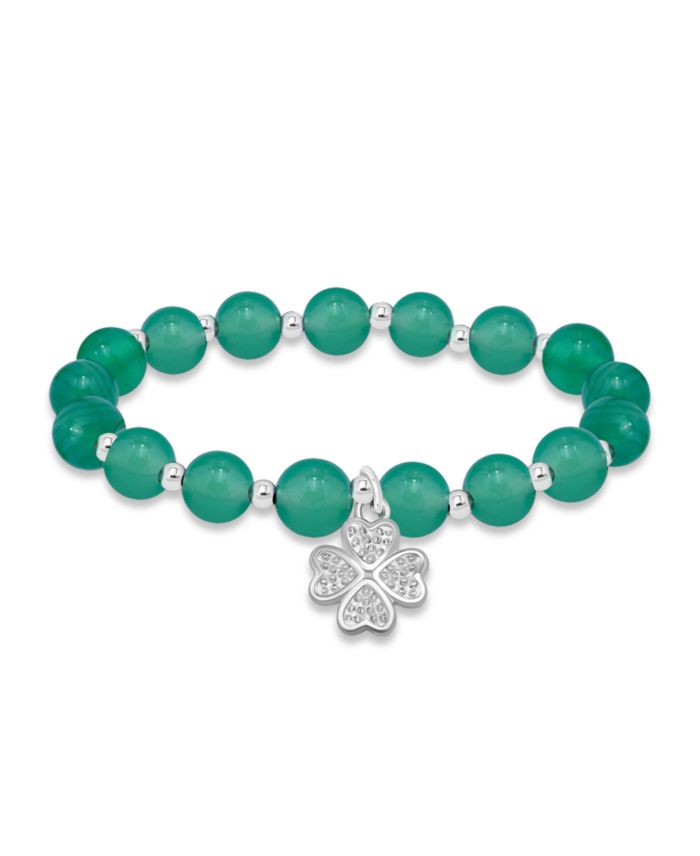 Silver-Plated Beaded Clover Charm Stretch Bracelet