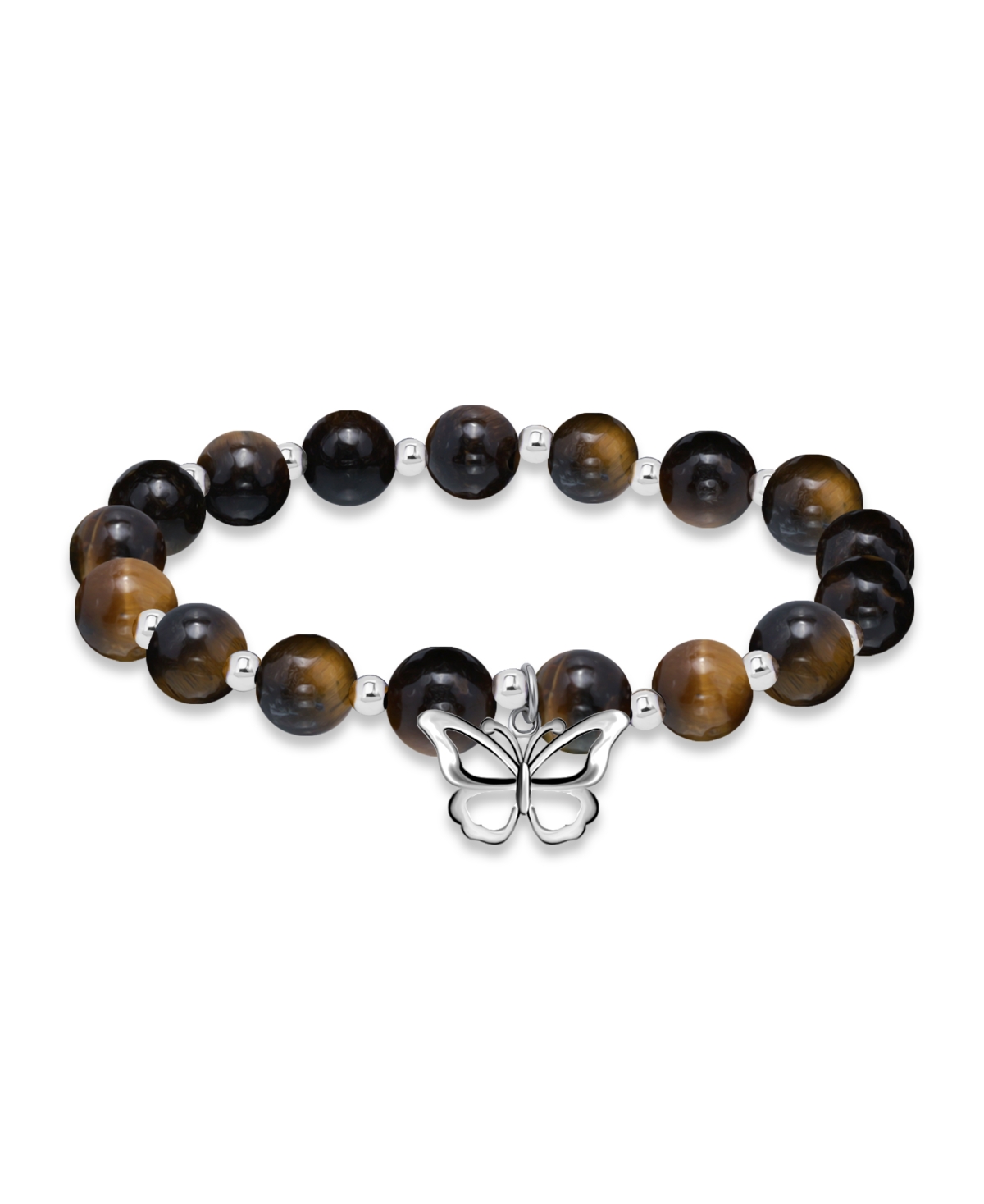 Macy's Silver Plated Beaded Butterfly Charm Stretch Bracelet In Tigers Eye,silver