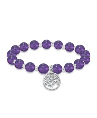 Silver-Plated Beaded Tree of Life Charm Stretch Bracelet