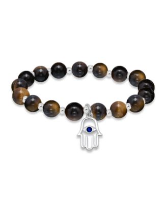 Silver-Plated Beaded Hamsa Hand Charm Stretch Bracelet