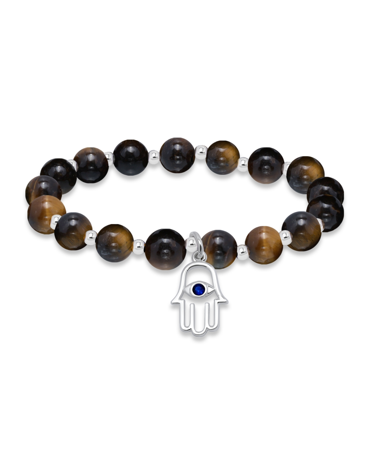 Shop Macy's Silver-plated Beaded Hamsa Hand Charm Stretch Bracelet In Tigers Eye,silver