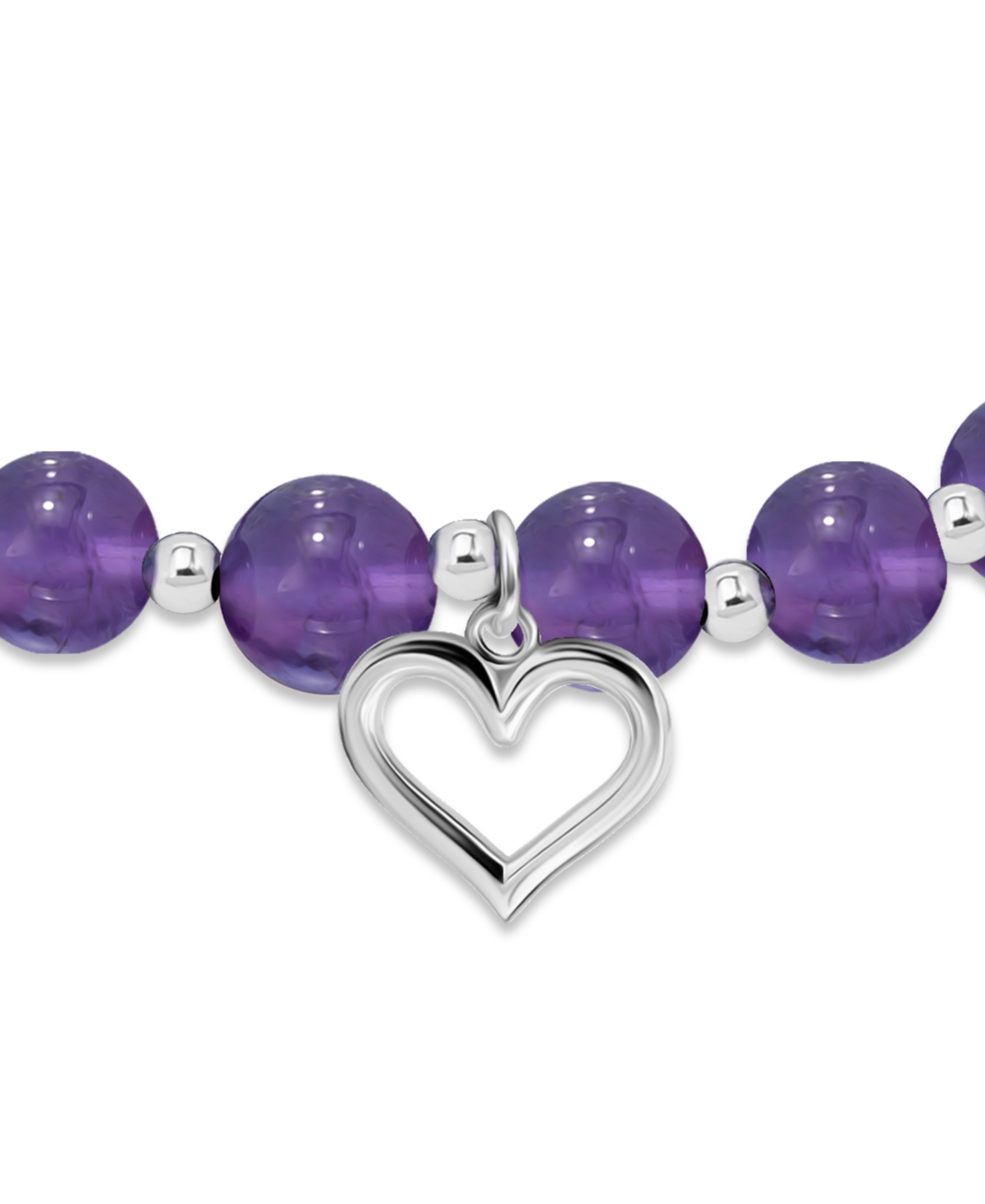 Macy's Silver Plated Beaded Heart Charm Stretch Bracelet In Amethyst,silver