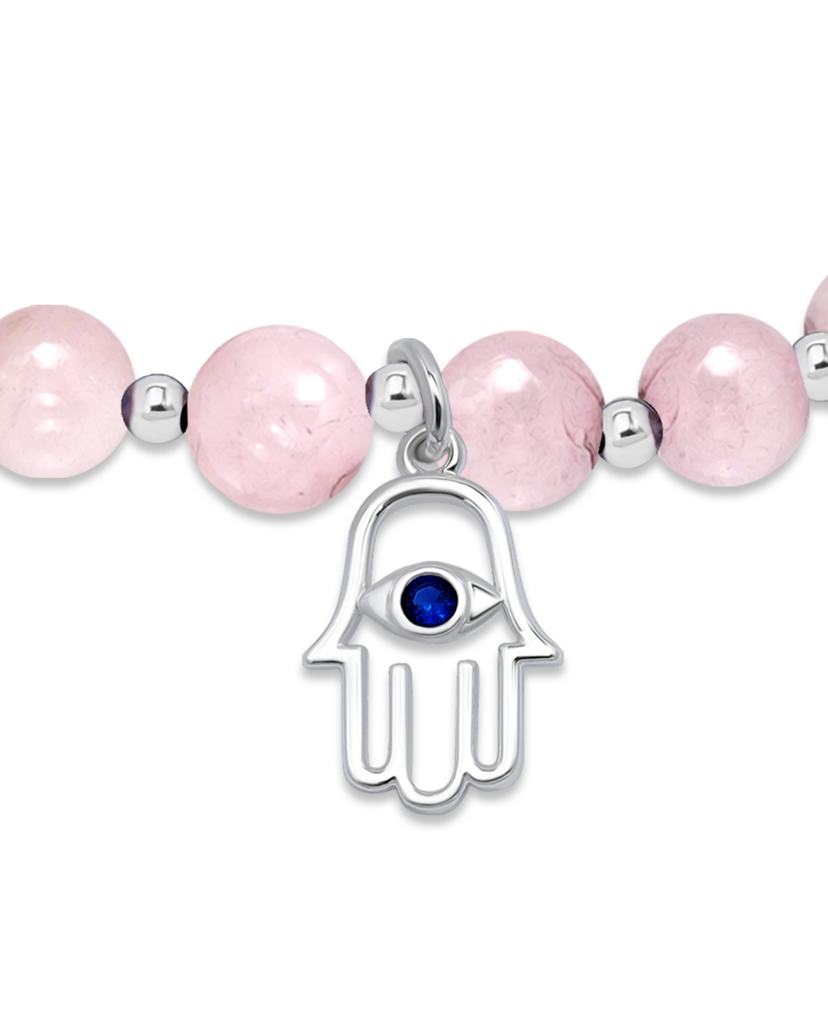 Macy's Silver Plated Beaded Hamsa Hand Charm Stretch Bracelet In Rose Quartz,silver