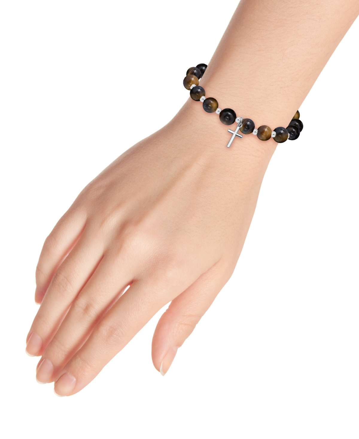 Shop Macy's Silver-plated Beaded Cross Charm Stretch Bracelet In Tigers Eye,silver