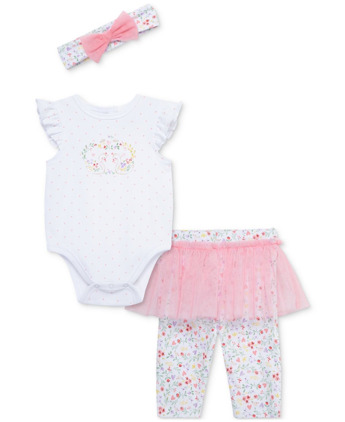 Shop Little Me Baby Girls Swans Bodysuit, Skirted Leggings & Headband, 3 Piece Set In Bright Pink