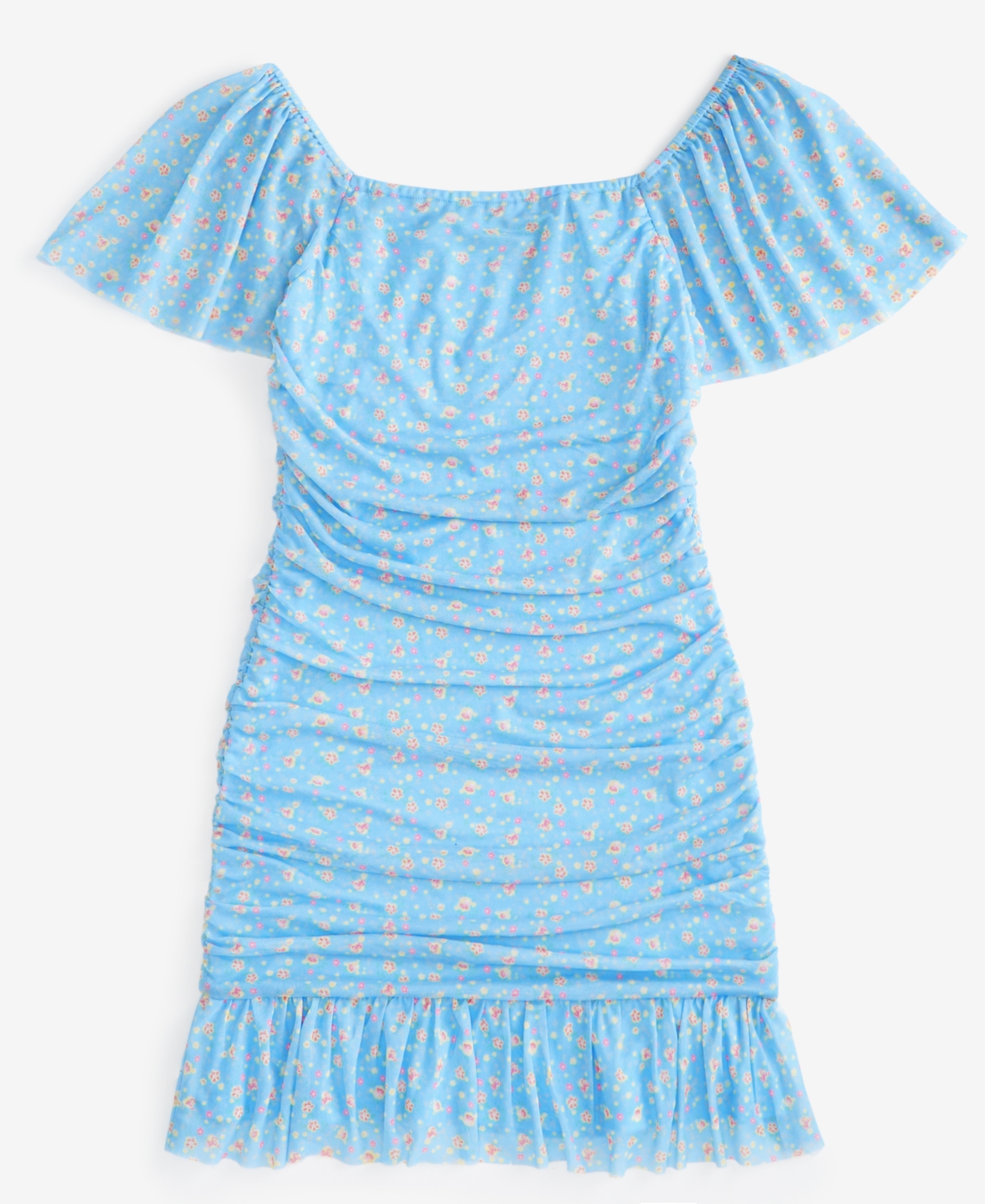 With Jules Big Girls Ruched Flutter-sleeve Mesh Dress In Open Blue