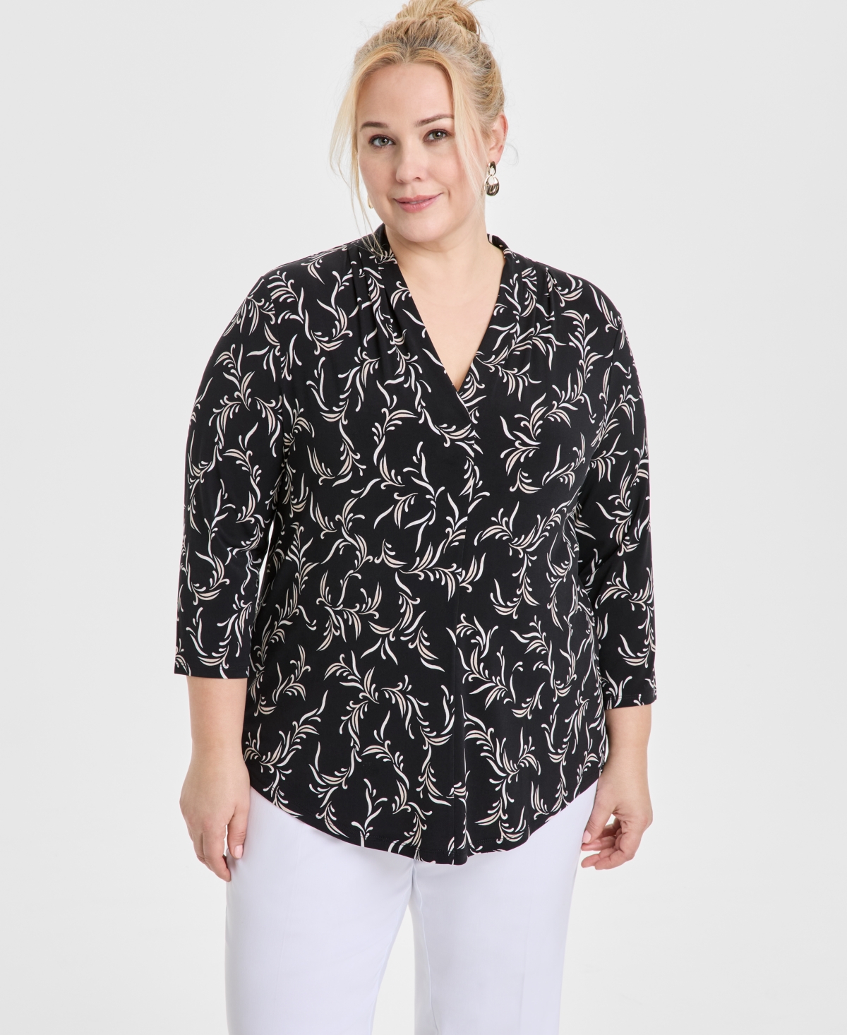 Jm Collection Women's Printed 3/4 Sleeve V-neck Knit Top, Exclusively At Macy's In Black