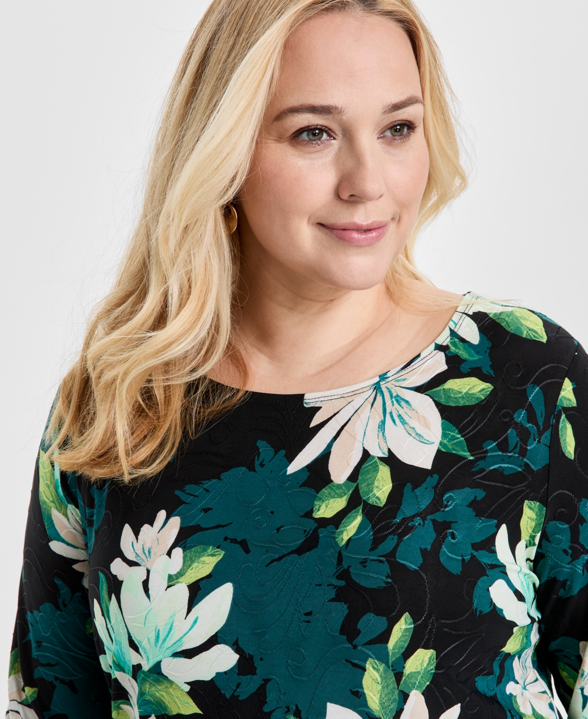 JM COLLECTION PLUS SIZE JACQUARD PRINTED 3/4-SLEEVE TOP, EXCLUSIVELY AT MACY'S 