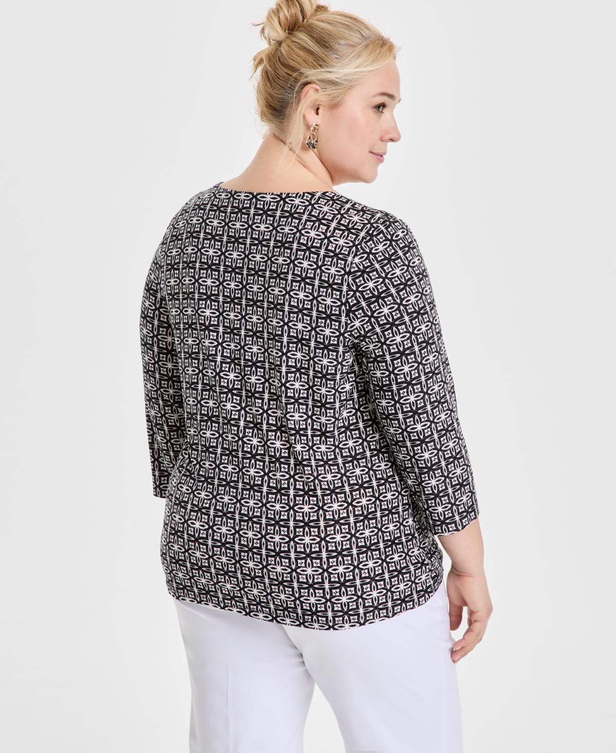 JM COLLECTION PLUS SIZE JACQUARD PRINTED 3/4-SLEEVE TOP, EXCLUSIVELY AT MACY'S 