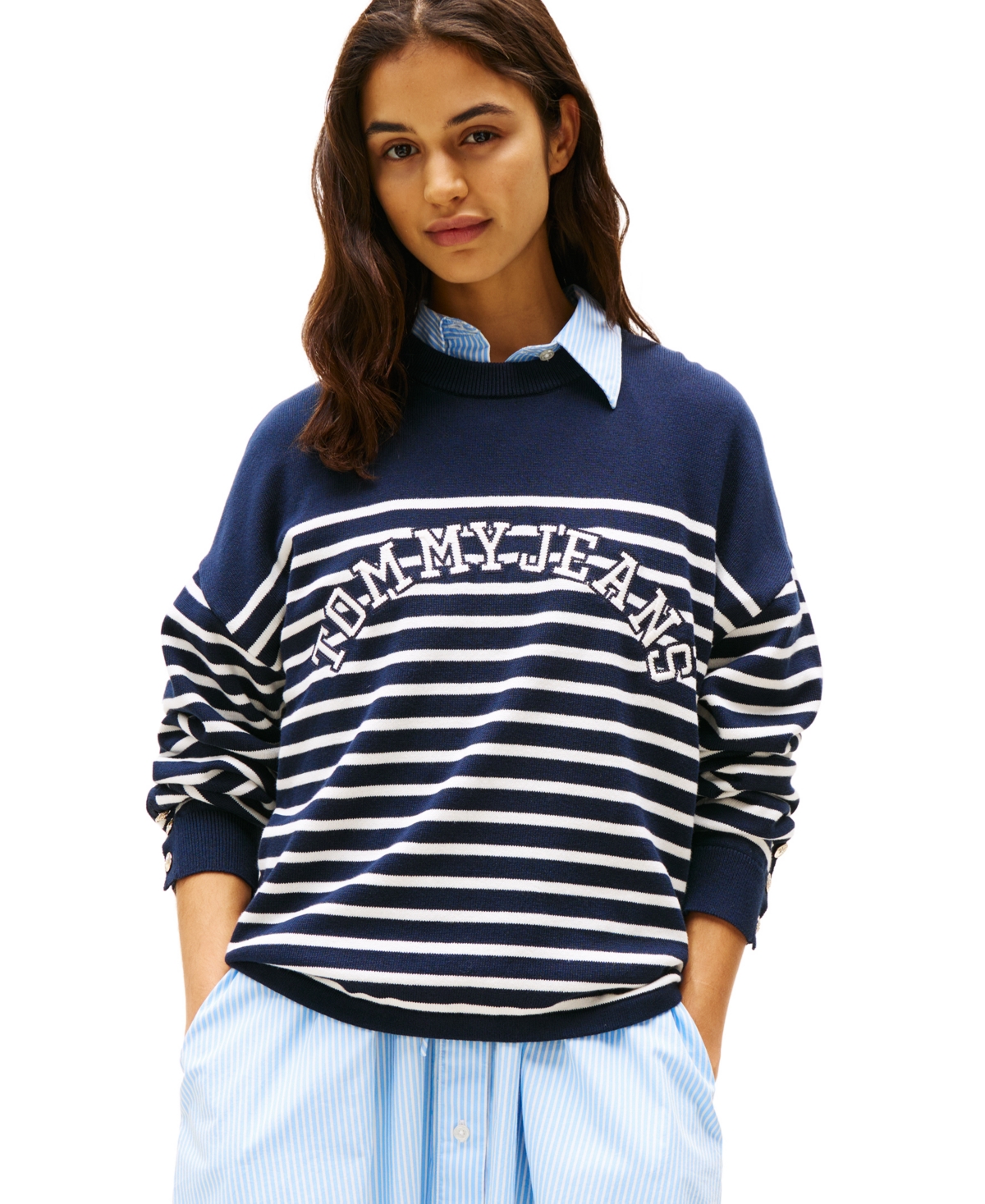 Tommy Jeans Women's Striped Cotton Varsity Sweater In Dark Night Navy