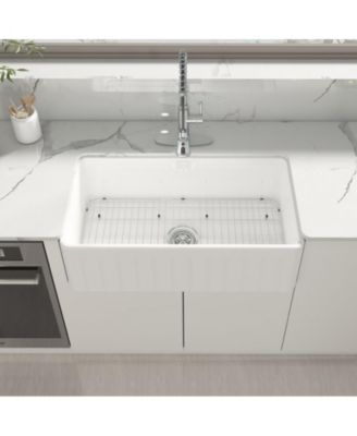 33inch L x 18inch W Single Bowl Fireclay Farmhouse Kitchen Sink with Sink Grid