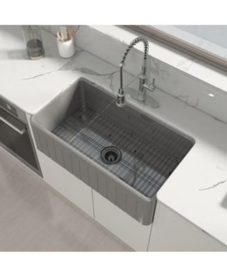 33inch L x 18inch W Single Bowl Fireclay Farmhouse Kitchen Sink with Sink Grid