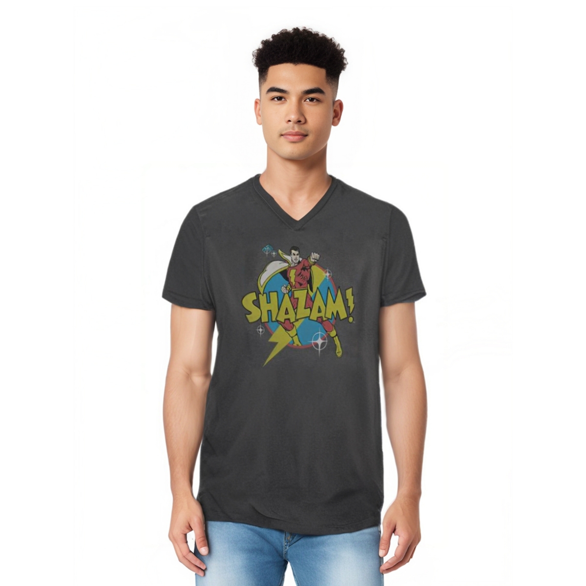 Men's Dc Comics Shazam Power Bolt Short Sleeve Adult V Neck Premium Cotton Tee / T-Shirt - Charcoal