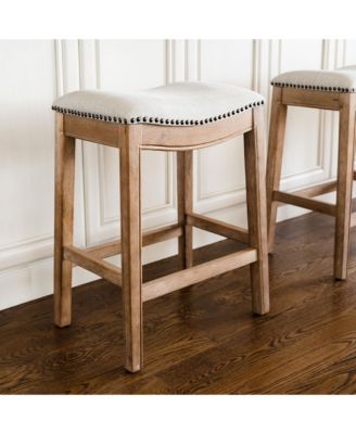 Adrien Saddle Bar Stool in Weathered Oak Finish w/ Sand Color Fabric Upholstery, Set of 4