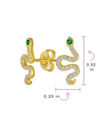 Minimalist CZ Stud Earrings Green Eyed Serpent Snake in Gold Plated Silver