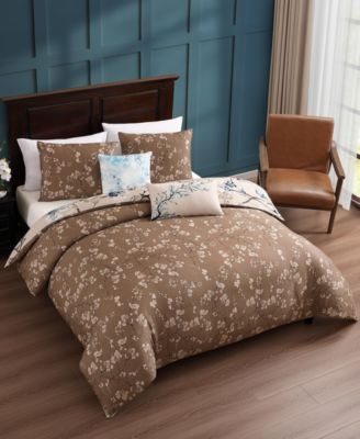Blue Blossom Bedding 220 Thread Count Cotton Sateen Reversible 5 Piece Comforter Set, Queen Size