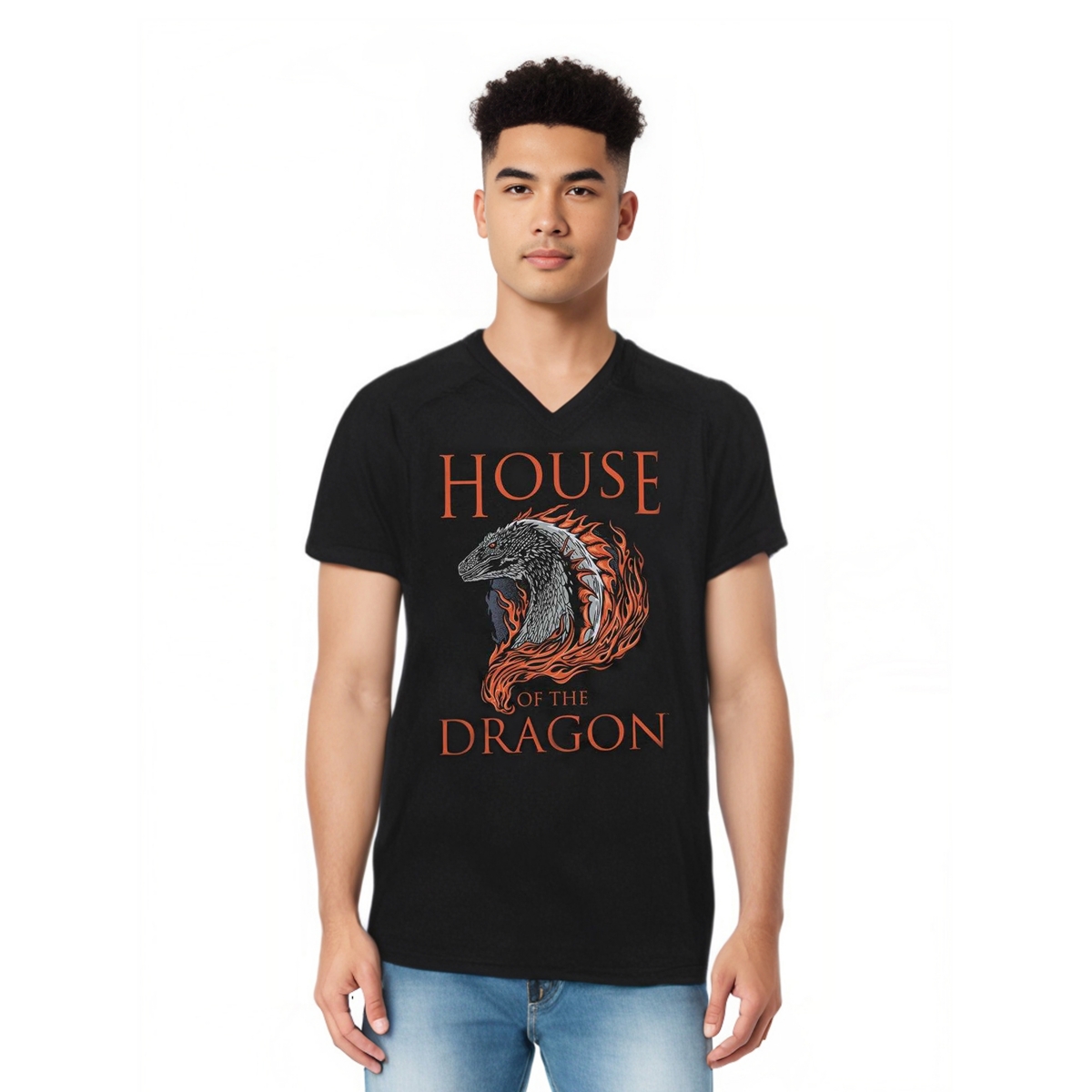 Men's Hod Dragon Illustration Short Sleeve Adult V Neck Premium Cotton Tee / T-Shirt - Black